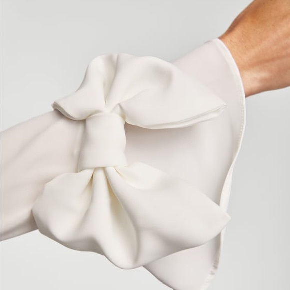 NWT Zara White Long Sleeved Bow V Neck Blouse - Picture 6 of 8